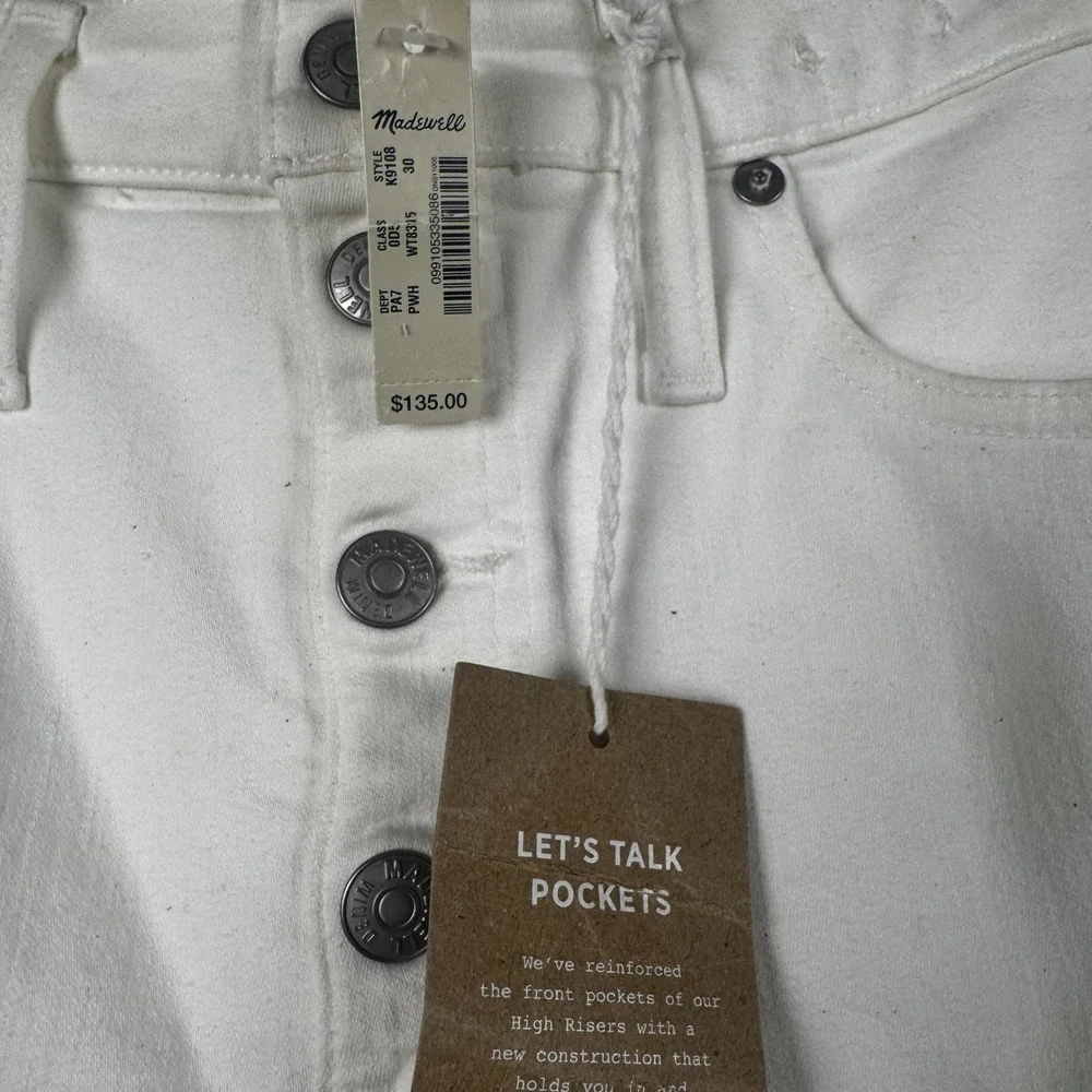 Madewell‎ 10 High-Rise Skinny Jeans White Button Fly Raw Hem K9108 Size 30 NEW